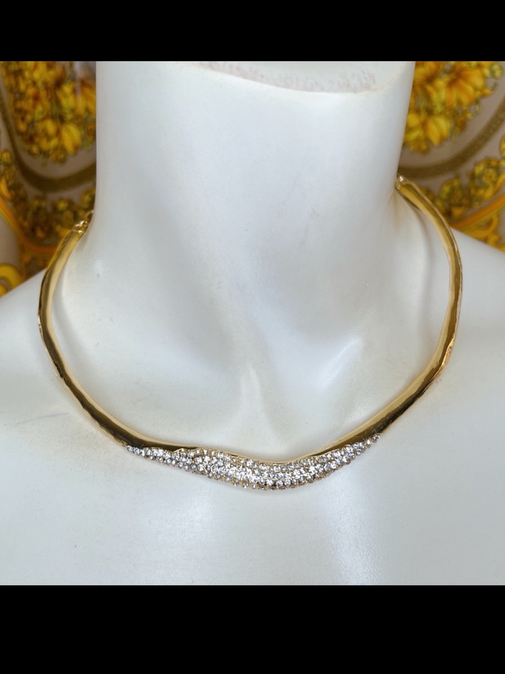 Gold plated CZ pave hammered choker necklace adjustable